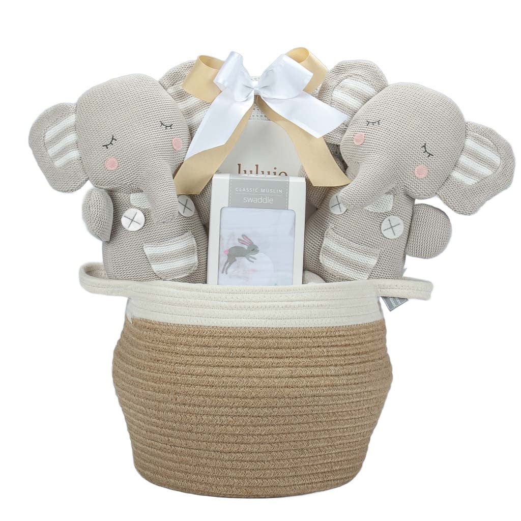 Twin Baby Gift With Knit Elephant Plush
