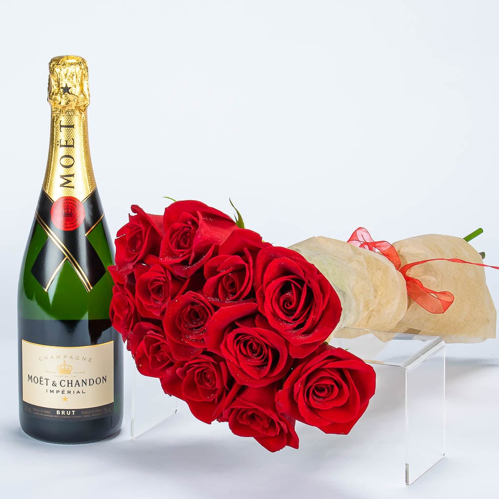 French Champagne And One Dozen Roses