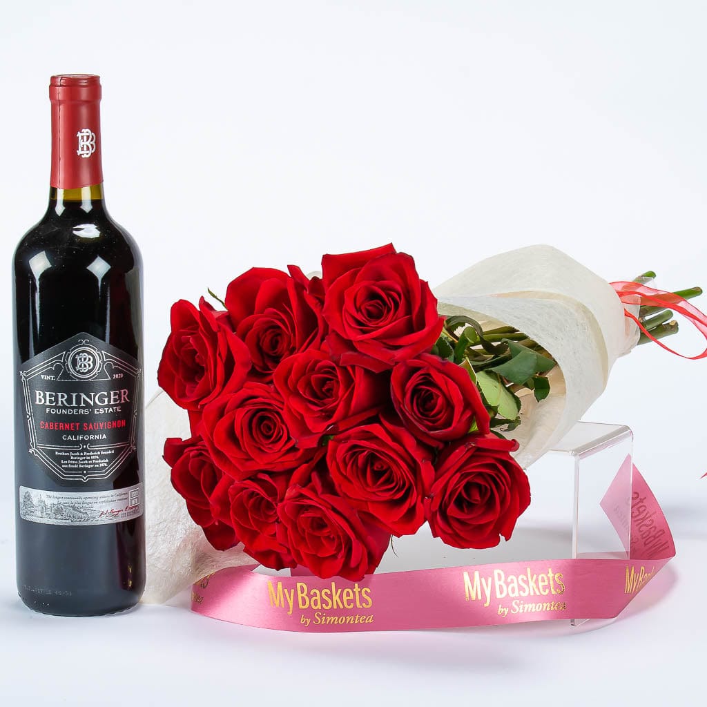Premium Red Roses And Beringer Cabernet