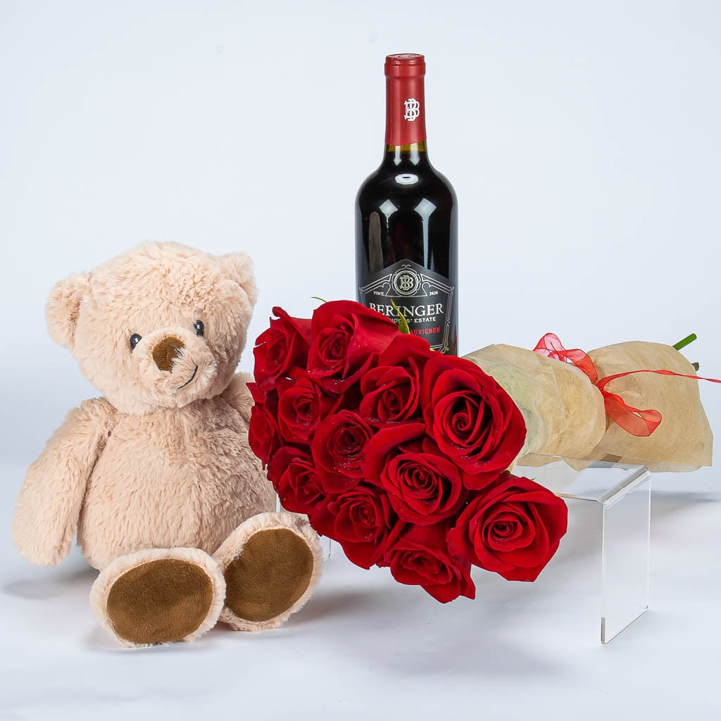 Teddy Bear Plush, Red Roses And Cabernet