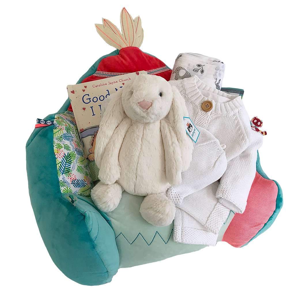 Baby chair, reading book and bunny plush