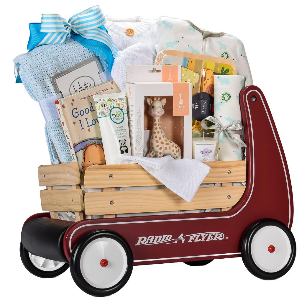 Blue Baby Boy Organic Onesies, Red Radio Flyer Wagon, Sophie The Girafe Teether, Lavender Candle, Baby Book And Knit Cardigan Set
