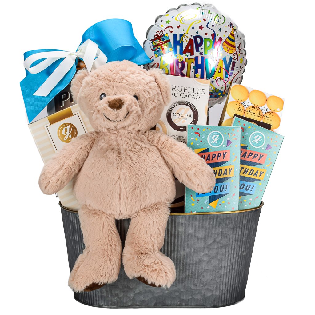 Silver Metal Birthday Gift Baskets With Birthday Chocolates and Bear and Balloon