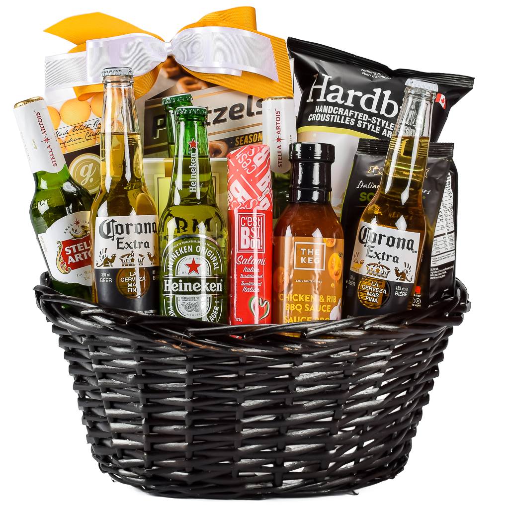 Oval Wicker Basket With 6 Import Beers, Pretzels, Chips, Shortbread Cookies, Crackers and Italian Salami