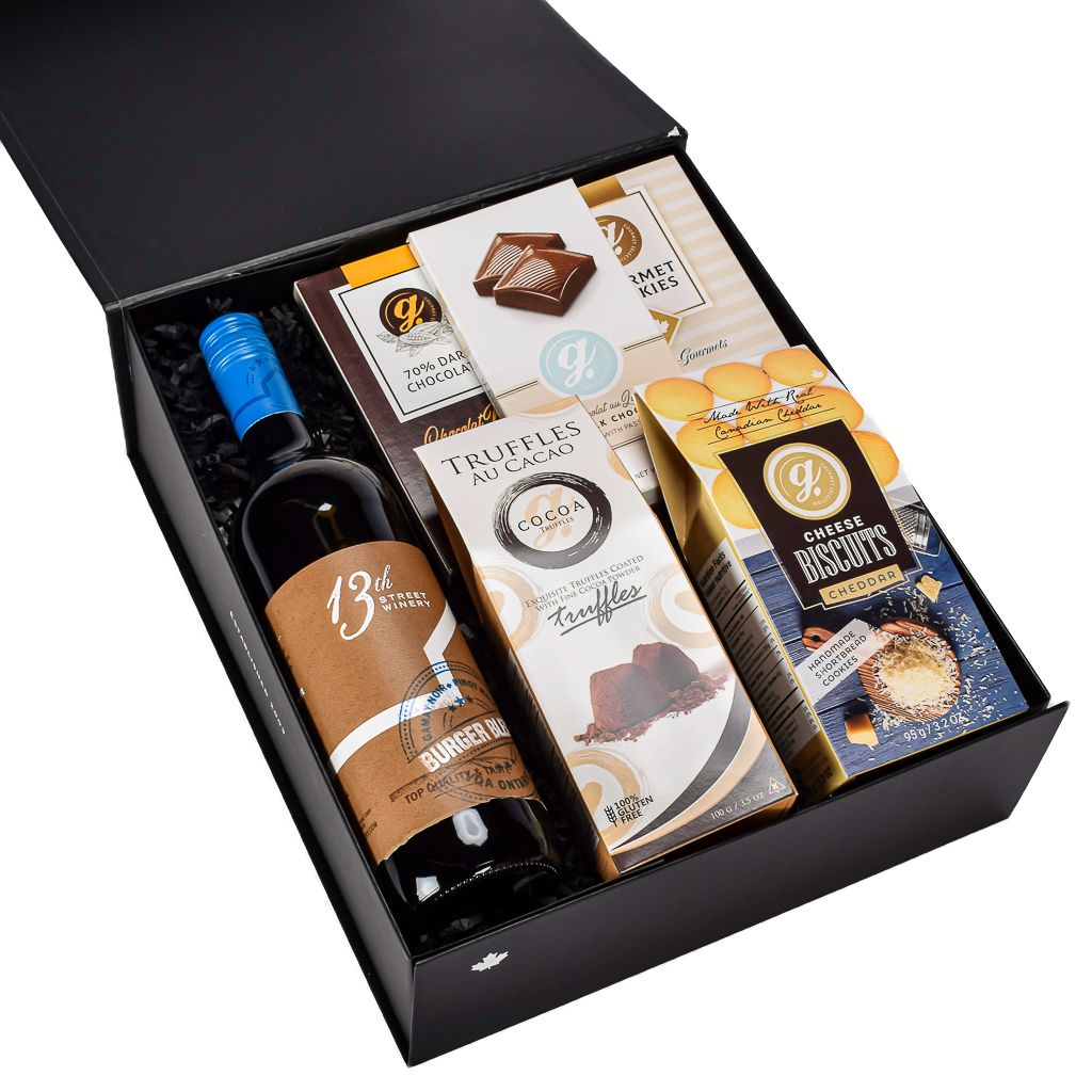 Sleek Black Gift Box With Canadian Wine, Truffles, Cheddar Cookies, Shortbread Cookies, Dark Chocolate And Milk Chocolate