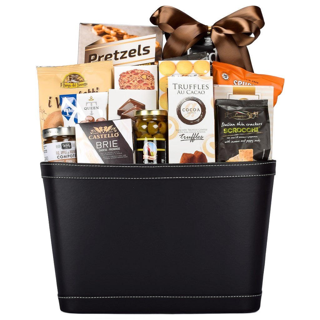 Black Leather Basket With Cookies Cheese And Olives