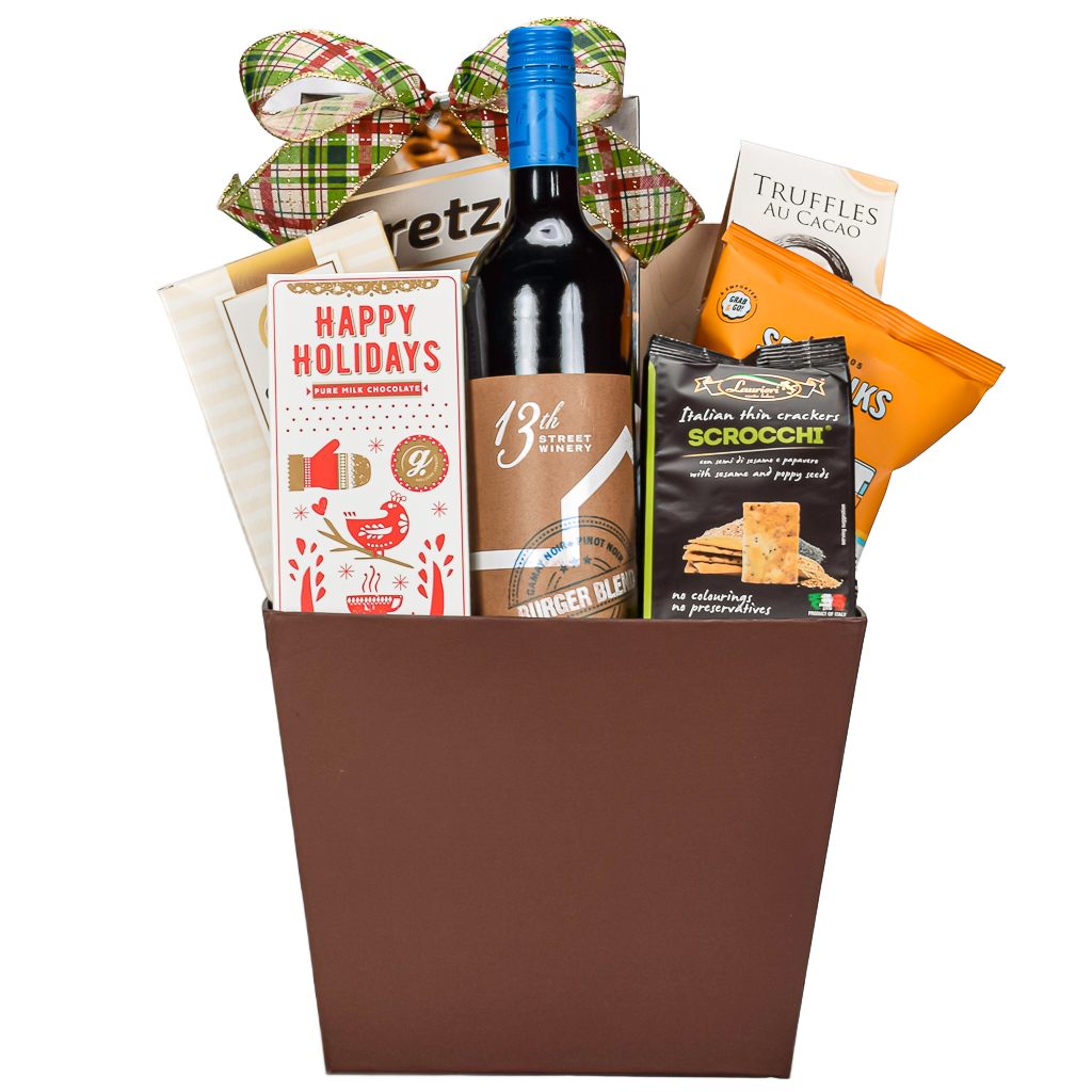 Gift basket with Canadian wine, snacks, truffles, shortbread cookies with a Christmas Bow