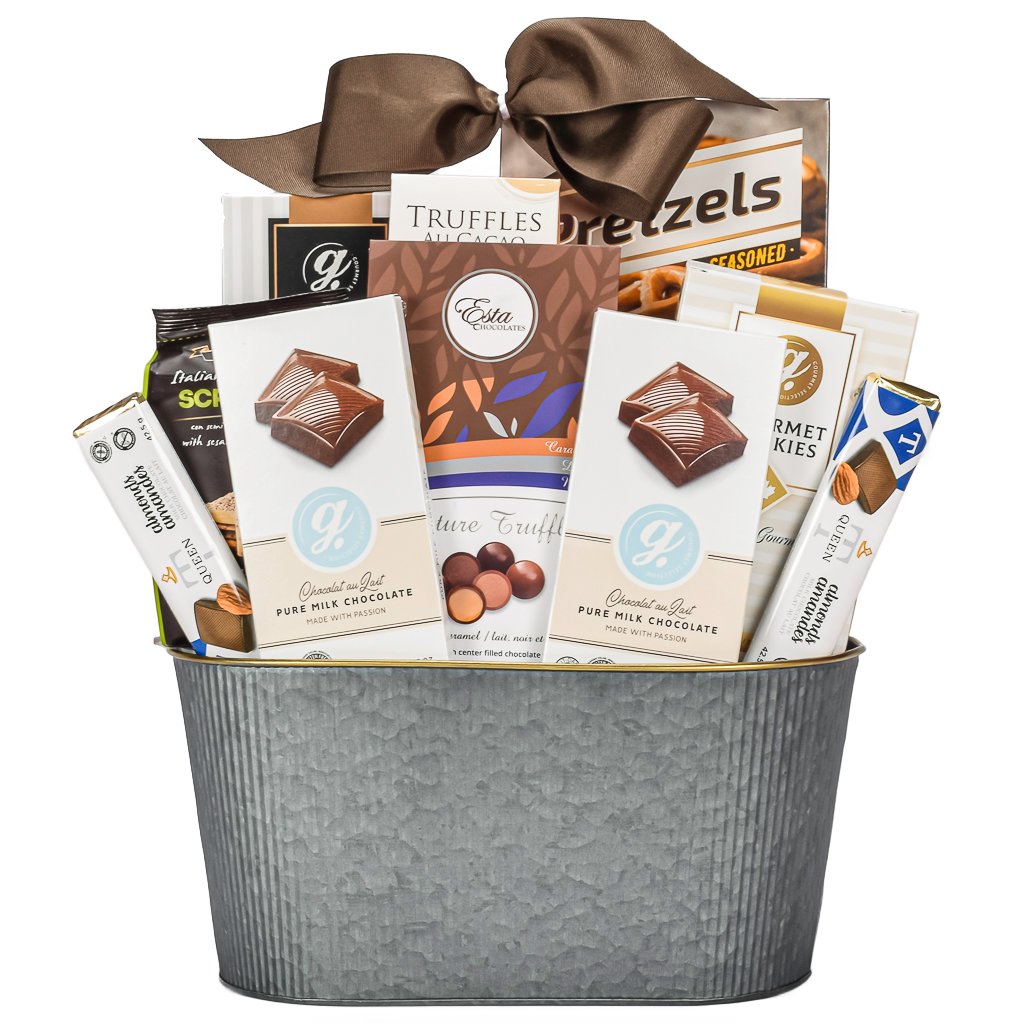 Silver Metal Gift Basket With Chocolates, Pretzels, Cookies, Crackers, And Cocoa Dusted Truffles With A Sympathy Bow