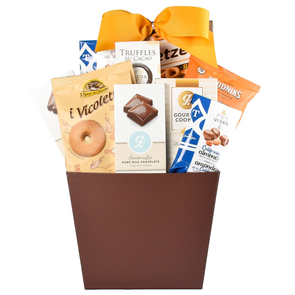 Brown Gift Bakset Filld With Pretzels, Chocolates, Cookies And Sweets For Mom