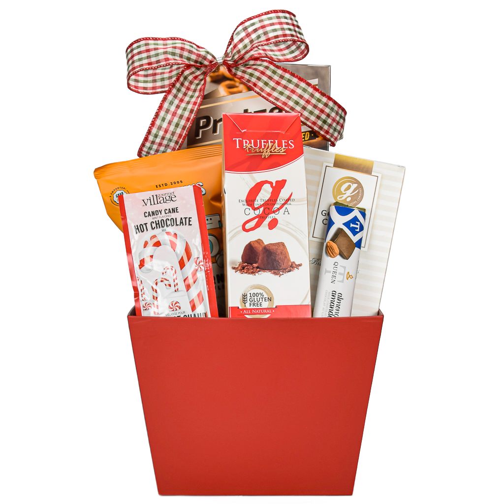 Red Holiday Gift Basket With Pretzels, Popcorn, Chocolate Truffles, Almond Bar, Shortbread Cookies, And Hot Chocolate With Holiday Bow