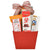 Red Holiday Gift Basket With Pretzels, Popcorn, Chocolate Truffles, Almond Bar, Shortbread Cookies, And Hot Chocolate With Holiday Bow