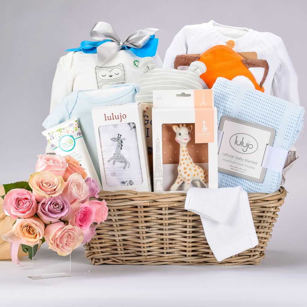 Luxury Baby Boy Gift Basket With Cardigan Knit Set, Muslin Blanket, Blue Knit Blanket and 12 Mixed Roses