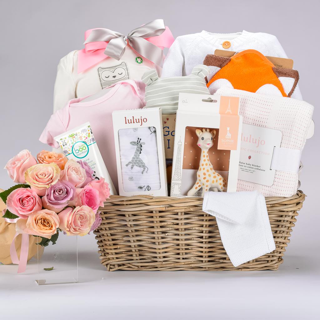 Luxury Baby Girl Gift Basket With 12 Mixed Roses, Organic Sleeper Set And Cardigan Knit Set