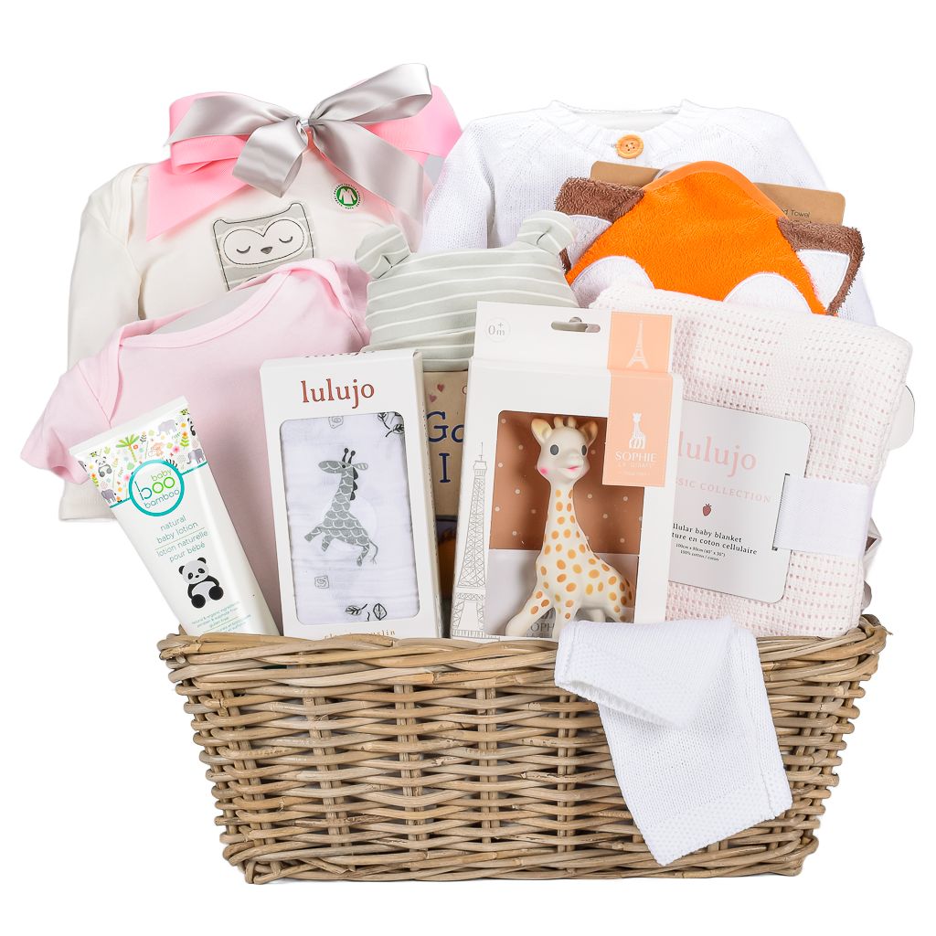 Pink Luxury Baby Girl Gift Basket With Knit Blanket, Organic Onesie, And Sophie La Girafe Teether 