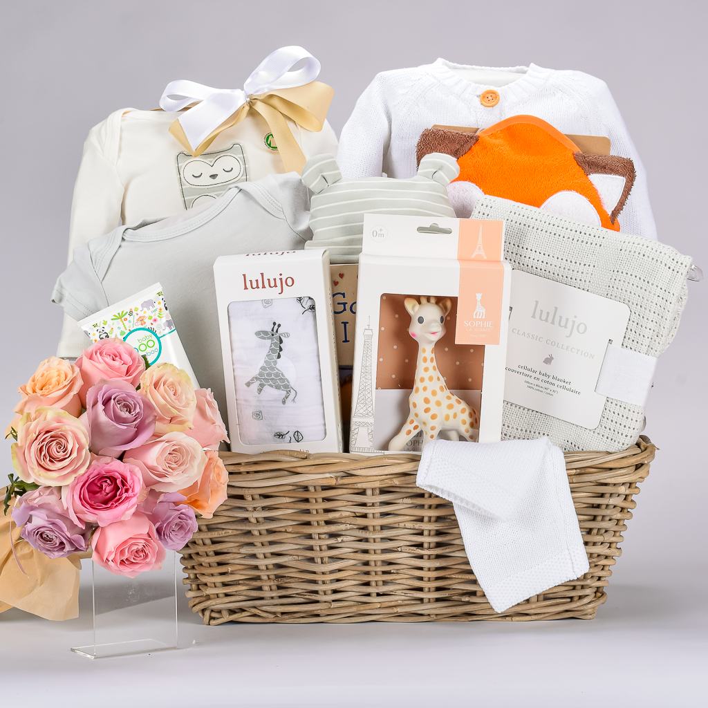 Luxury Neutral Baby With Knit Cardigan, Knit Lulujo Blanket, Organic Onesie, And Mixed Roses