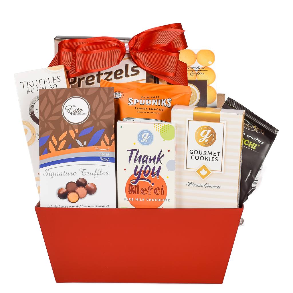 Red Mothers Day Gift Basket With Chocolate, Popcorn, Cookies And Sweets With A Red Bow