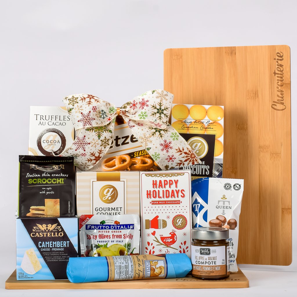 Bamboo Charcuterie Board With Pretzels, Crackers, Cookies, Compote, Chocolate, Truffles, And Cheese