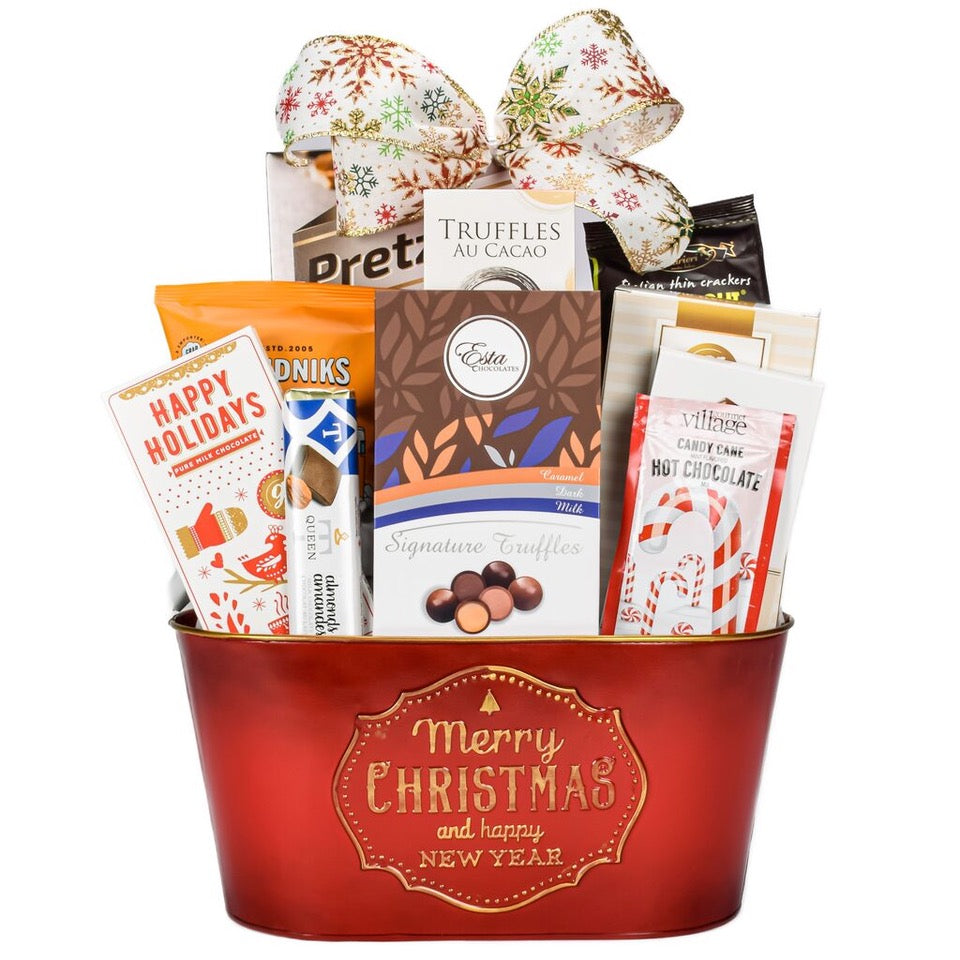 Merry Christmas Red Metal Gift Basket With Chocolate, Cookies, Truffles, Hot Cocoa, Milk Almond Bar And Popcorn