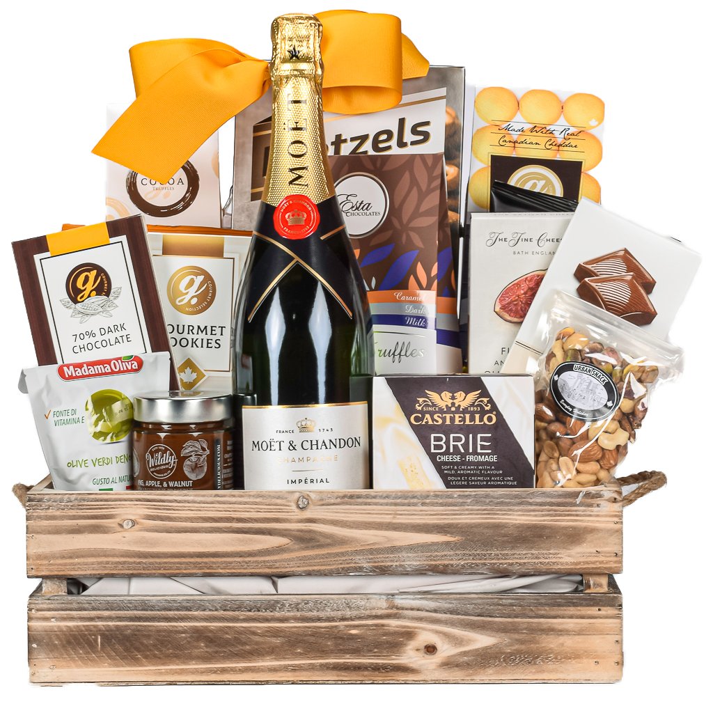 Moet Champagne With Pretzels, Truffles, Milk Chocolate, Nuts, Compotes, Artisinal Crackers, And Cheddar Biscuits In A Wooden Crate