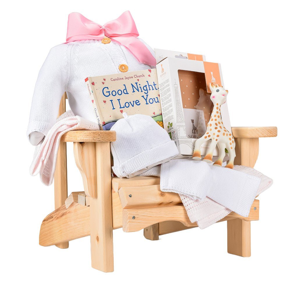 Premium Baby Muskoka Chair Gift With 3 Piece Knit Sey, Pink Knit Blanket And Sophie La Girafe Teether