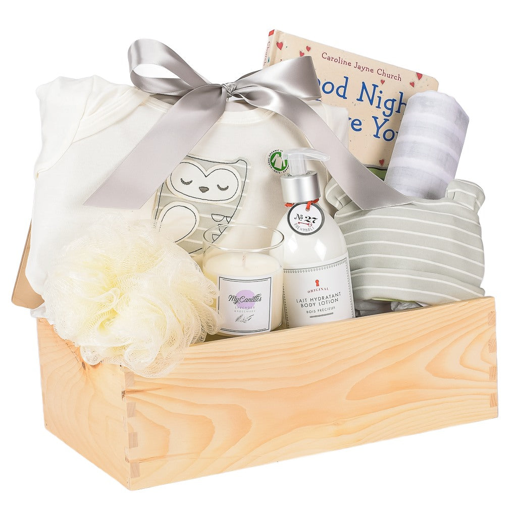Wooden Gift Box For Mom And Baby Organic Onesie, Organic Hat, Body Lotion For Mom, Lavender Candle And Baby Book