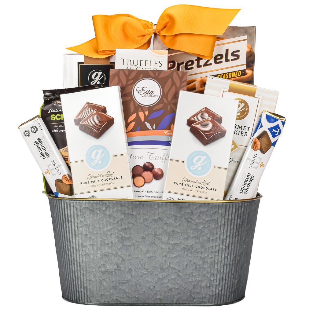 Silver Metal Gift Basket With Pretzels, Cookies, Truffles, Esta Truffles, Milk Chocolate, and Rosemary Crackers