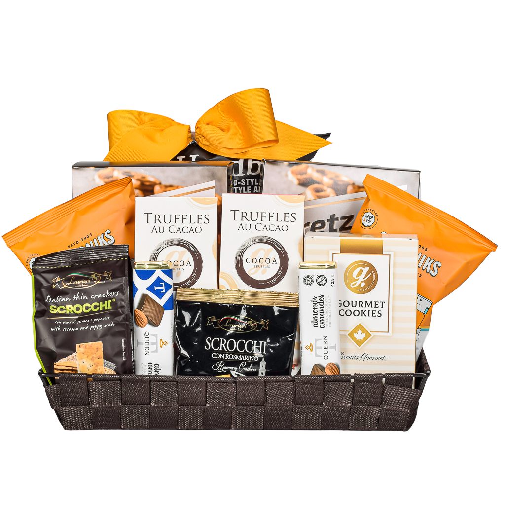 Brown Woven Tray With Chips, Pretzels, Chocolates, Popcorn, Truffles, Crackers, And Cookies. Perfect For Shairng and Gifting 