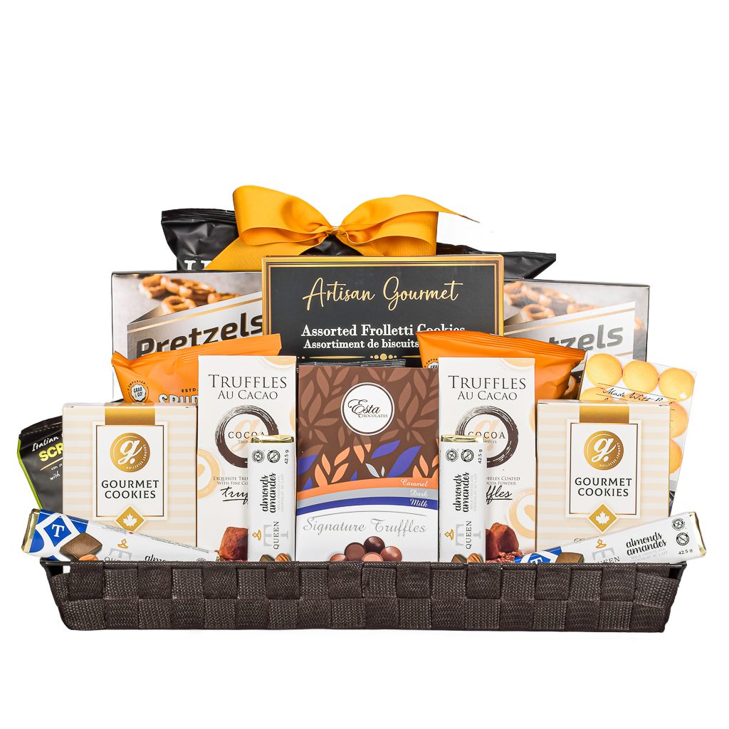 Fabric Tray With Pretzels, Chips, Almond Milk Chocolate Bar, Truffles, Shortbread Cookies, Popcorn And Cheddar Cookies