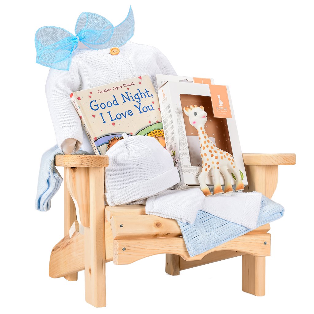 Muskoka Baby Boy Chair With Sophie La Girafe, White Knit Set And Good Night, I Love You Book