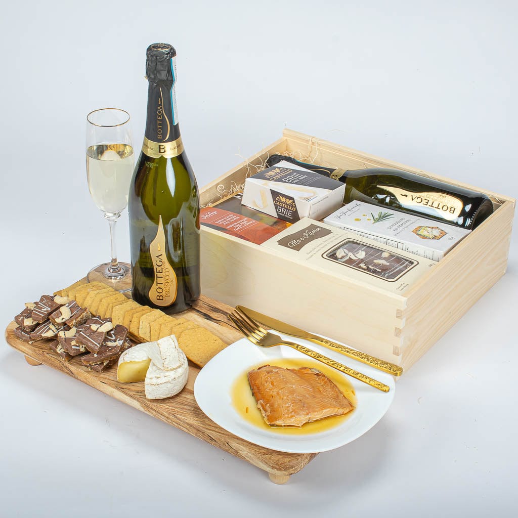 Prosecco and Salmon Wooden Box