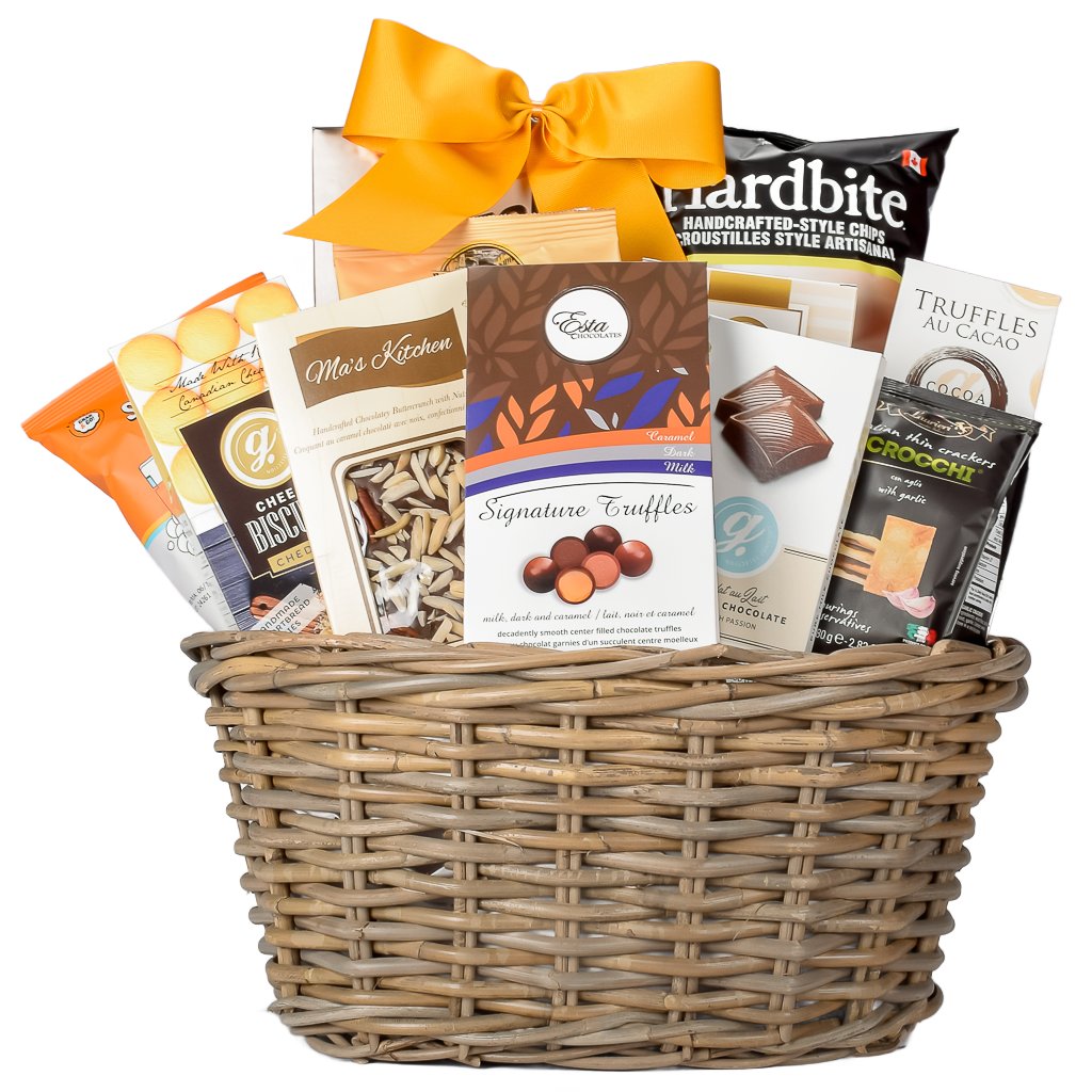 Mother's Day Oval Gift Basket With Truffles, Chips, Cookies, And Sweets With A Gold Bow