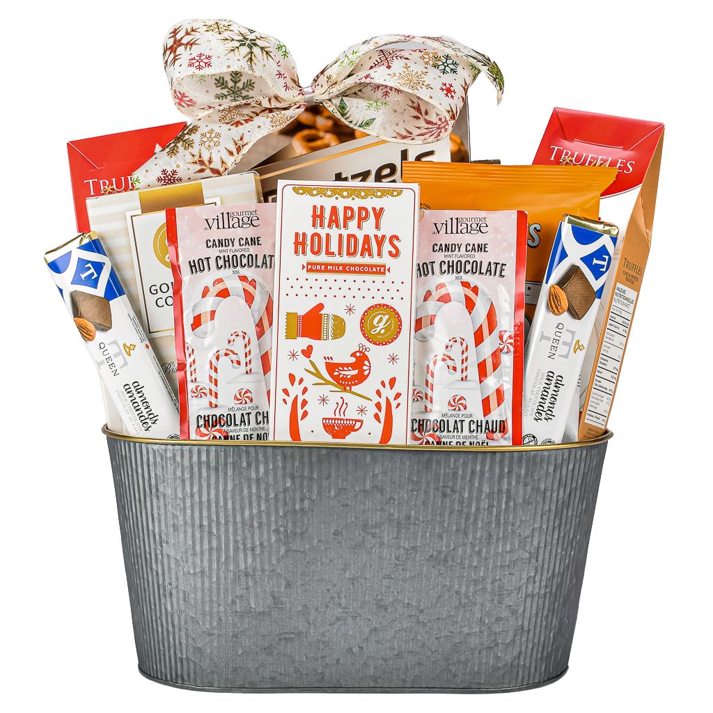 Christmas Gift Basket With Truffles, Pretzels, Popcorn, Hot Cocoa, Milk Chocolate, Cookies In A Metal Oval Gift Bakset With A Christmas Bow