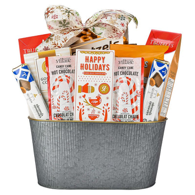 Christmas Gift Basket With Truffles, Pretzels, Popcorn, Hot Cocoa, Milk Chocolate, Cookies In A Metal Oval Gift Bakset With A Christmas Bow
