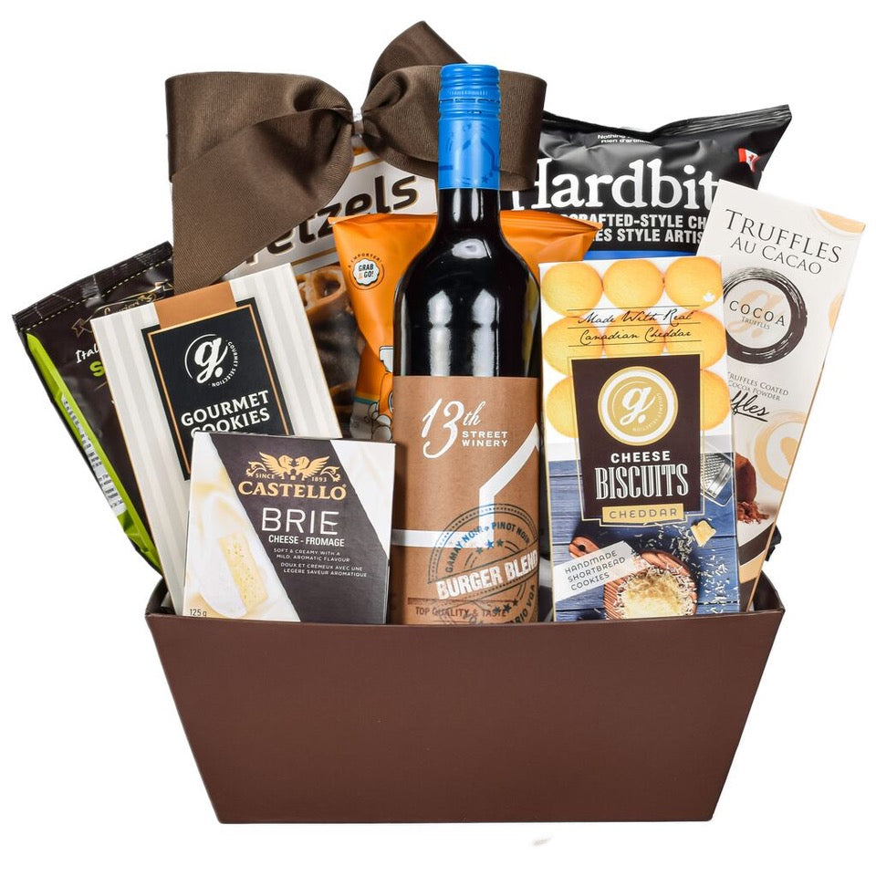 Rectangular Brown GIft Basket With Pretzels, Chips, Cookies, Brie Cheese, Cheddar Biscuits And Truffles