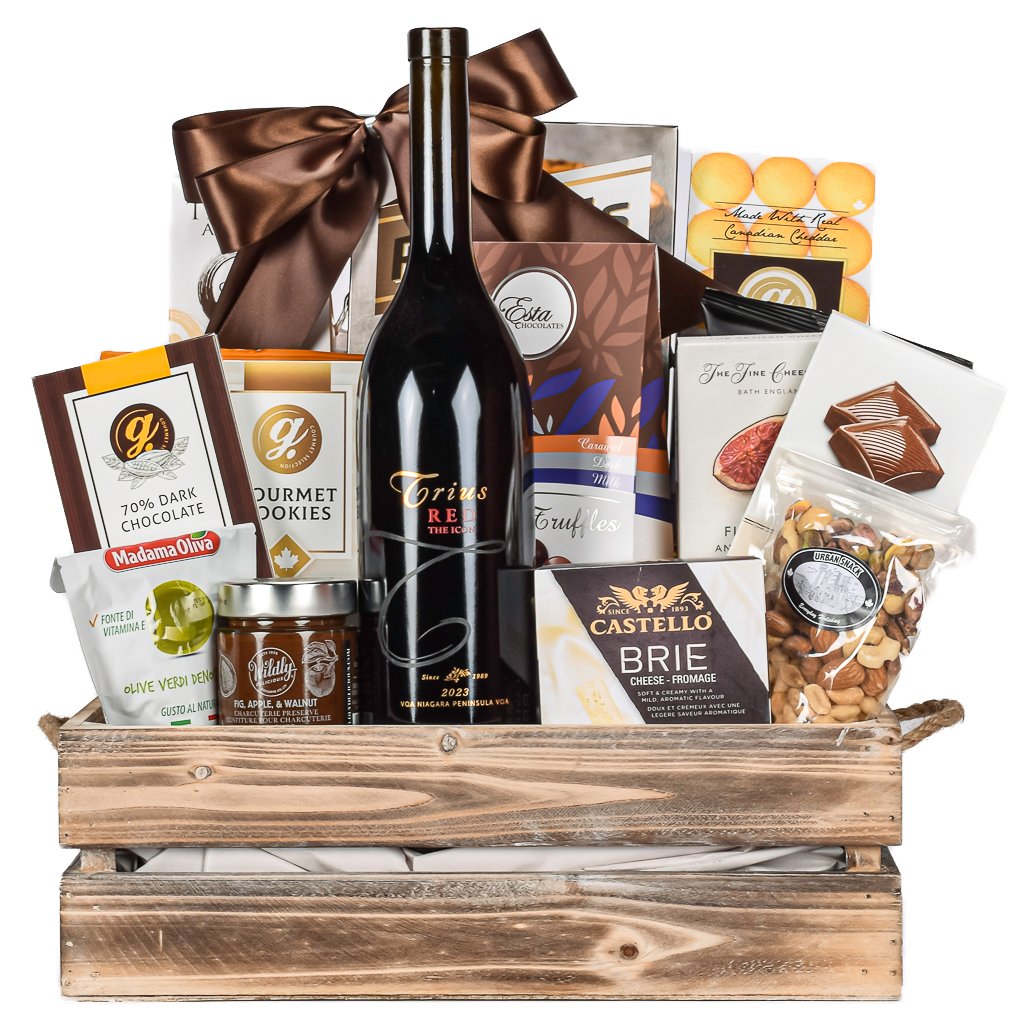 Premium Trius Canadian Wine With Pretzels, Truffles, Cheddar Cookies, Dark Chocolate, Milk Chocolate, Assorted Nuts, Brie Cheese, Fruit Compote In Wooden Crate