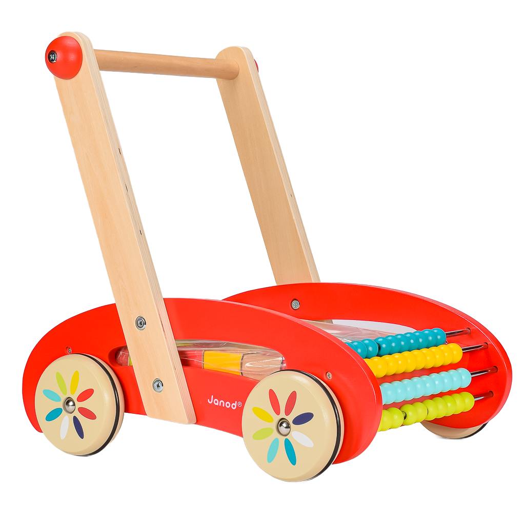 Red Wooden Baby Walker With Vibrant Coloured Educational Blocks