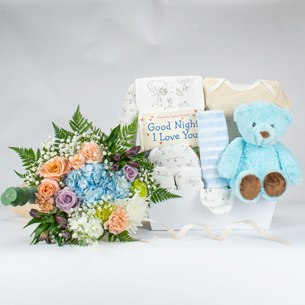 Blue Teddy Gift With Flowers
