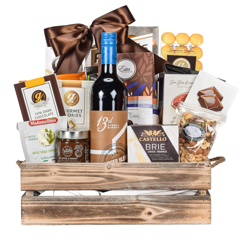 Gourmet Wooden Crate With Red Canadian Wine, Cookies, Asorted Truffles, Artisinal Crackers, Olives, Compote And Brie Cheese