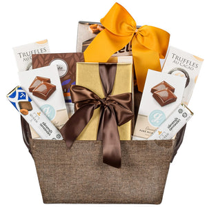 Brown Fabric Gift Basket With Assorted Chocolate Box Wrapped In Golf Gift Wrapping And A Variety of Sweets 