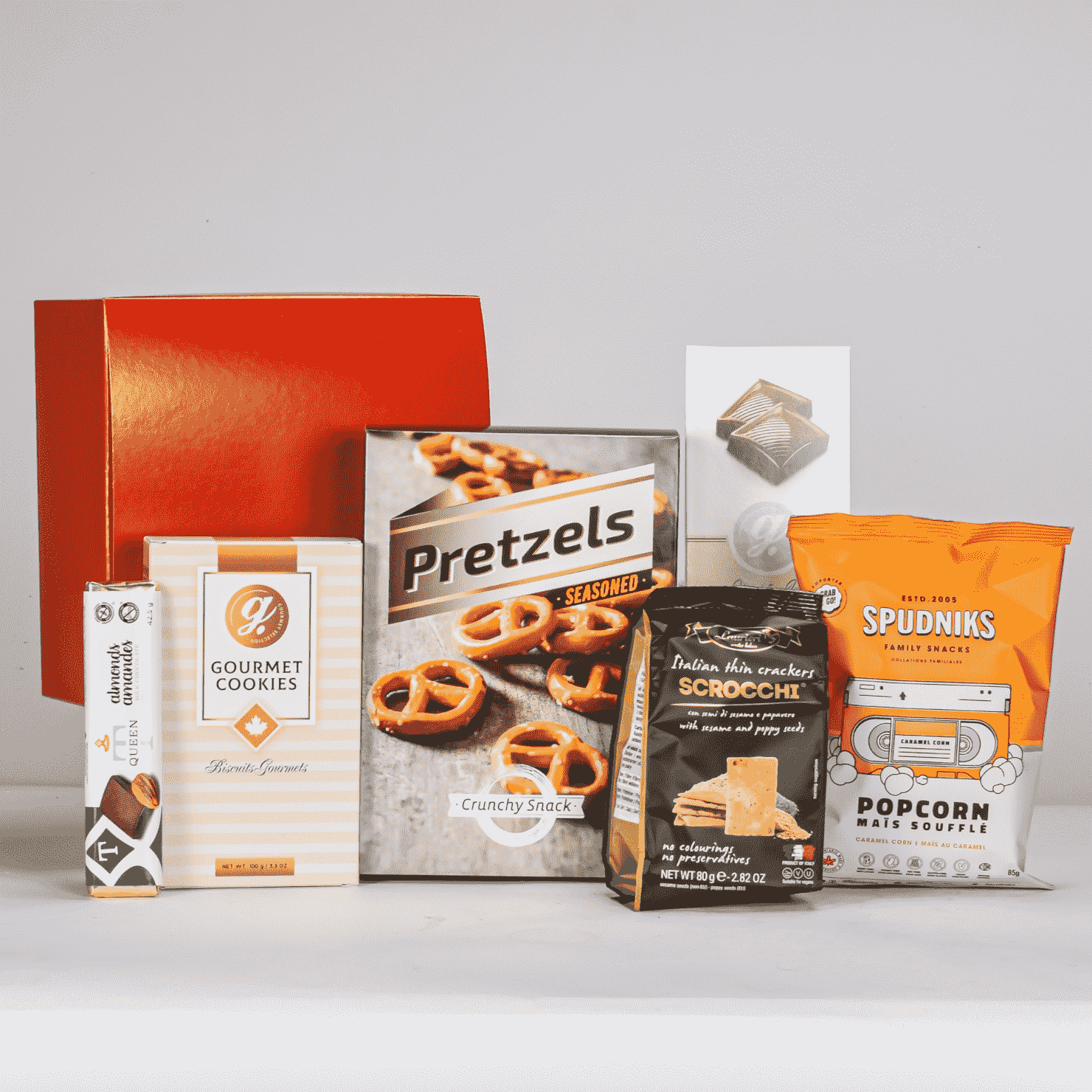 Red Snack Gfit Box With Pretzels, Milk Chocolate, Cookies, Crackers, Popcorn And Milk Almond Chocolate Bar