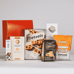 Red Snack Gfit Box With Pretzels, Milk Chocolate, Cookies, Crackers, Popcorn And Milk Almond Chocolate Bar