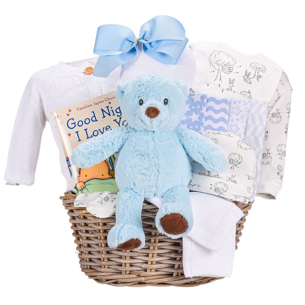 Baby Boy Gift Basket With Knit Cardigan Set, Blue Flannel Blankets, Baby Book And Blue Teddy Bear