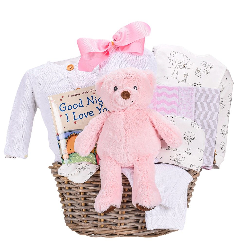 Precious Newborn Bbay Girl Gift Basket With Pink Teddy, Cardigan Knit Set, 5 Piece Sleeper And Baby Book