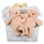 White Wicker Basket With Neutral Teddy, Baby Book, Muslin Blankets, And Organic Hat 