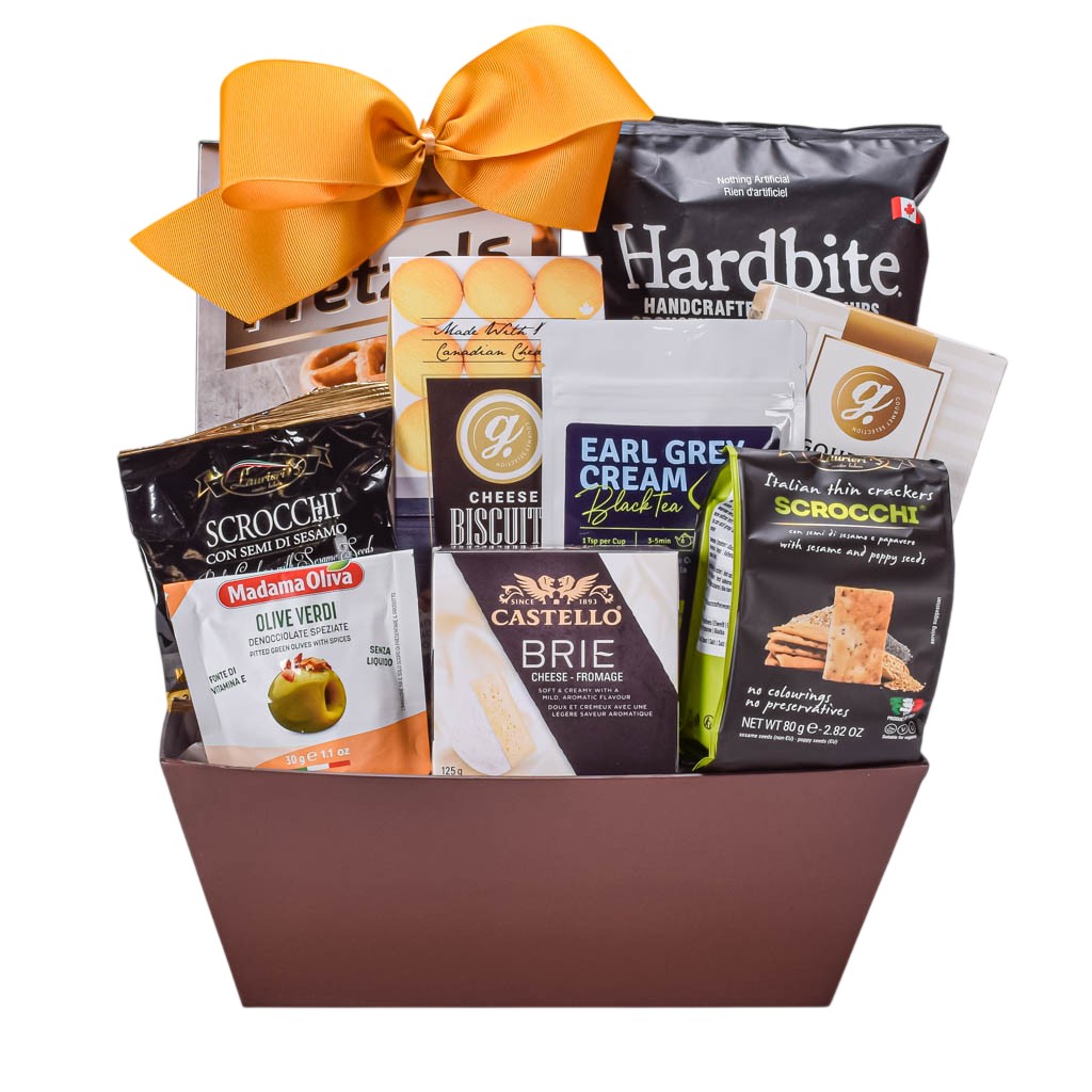 Gift Bakset with Savoury Treats incuding Brie Cheee, Tea, Crackers, Cookies And Olives With A Gold Bow