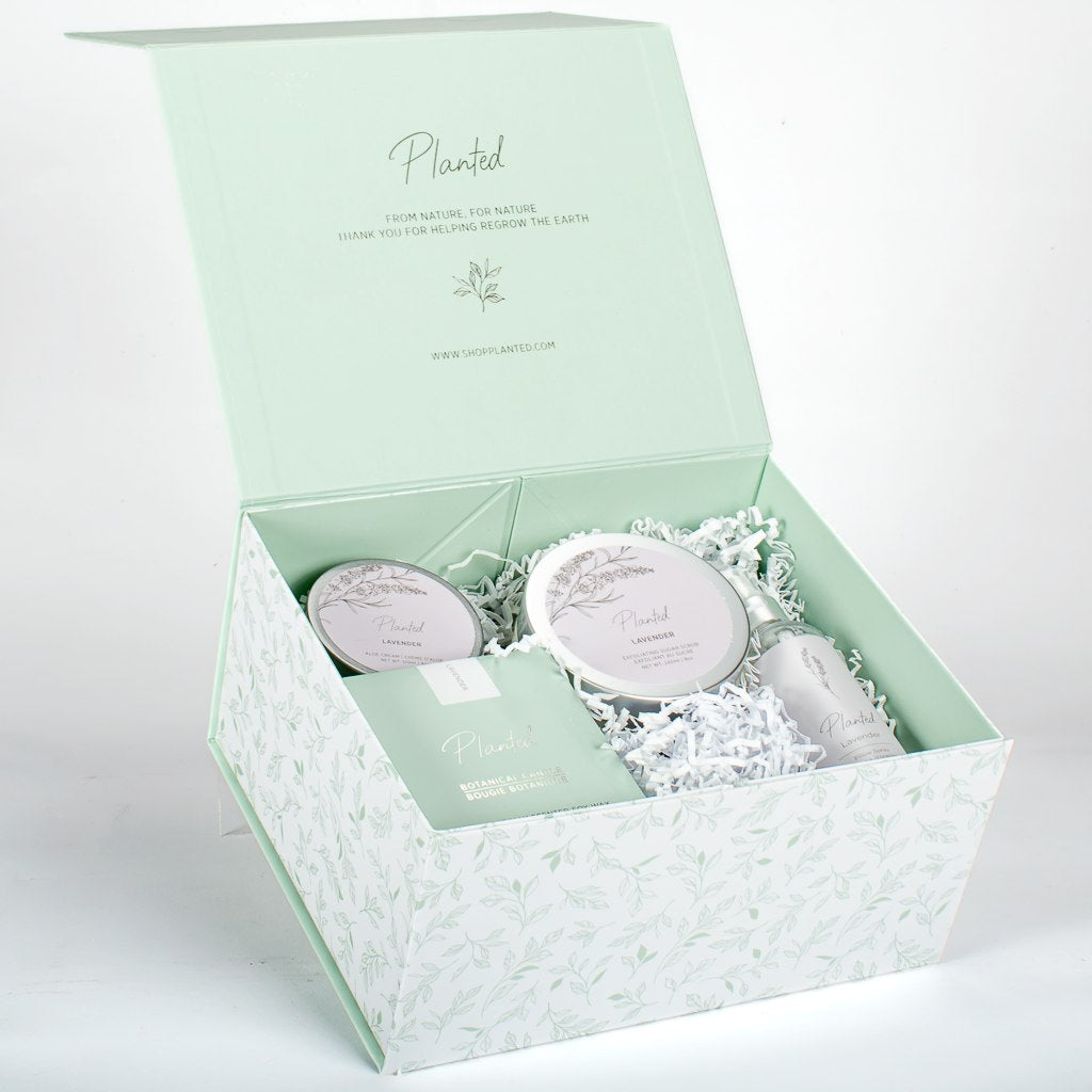 Mint Green Lavender Gift Box With Lavender Scented Lotion, Candle, Pillow Spray, And Exfoliating Scrub