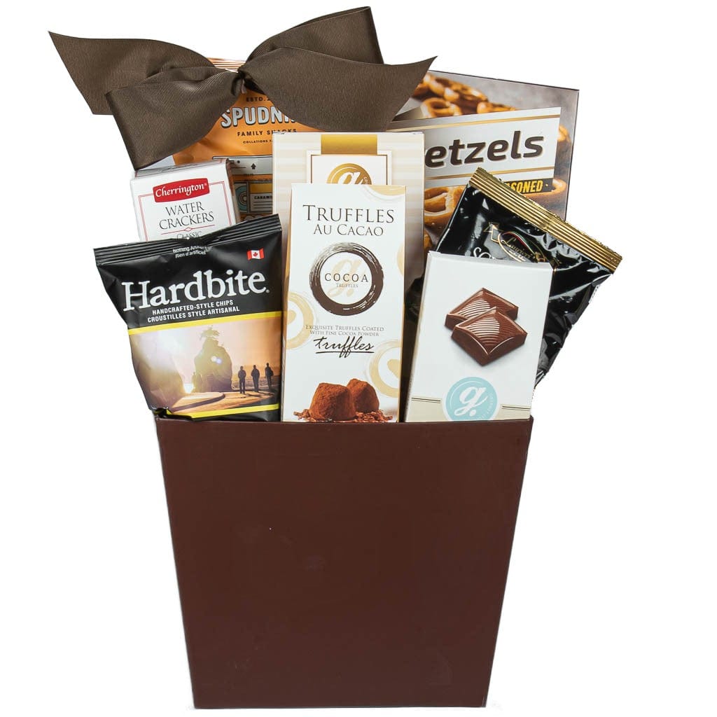 Brown Sympathy Gourmet Gift Basket With Pretzels, Popcorn, Cookies, Chocolate And Chips