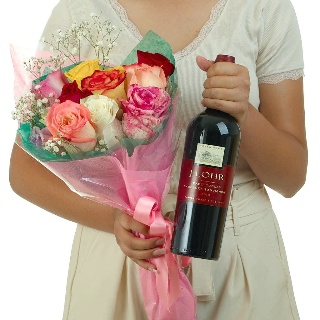 Mixed Colour Roses and Cabernet Wine