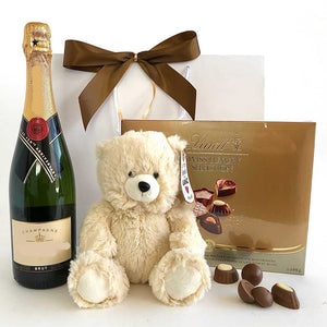 Moet French Champagne, bear plush, lindt chocolate delivery