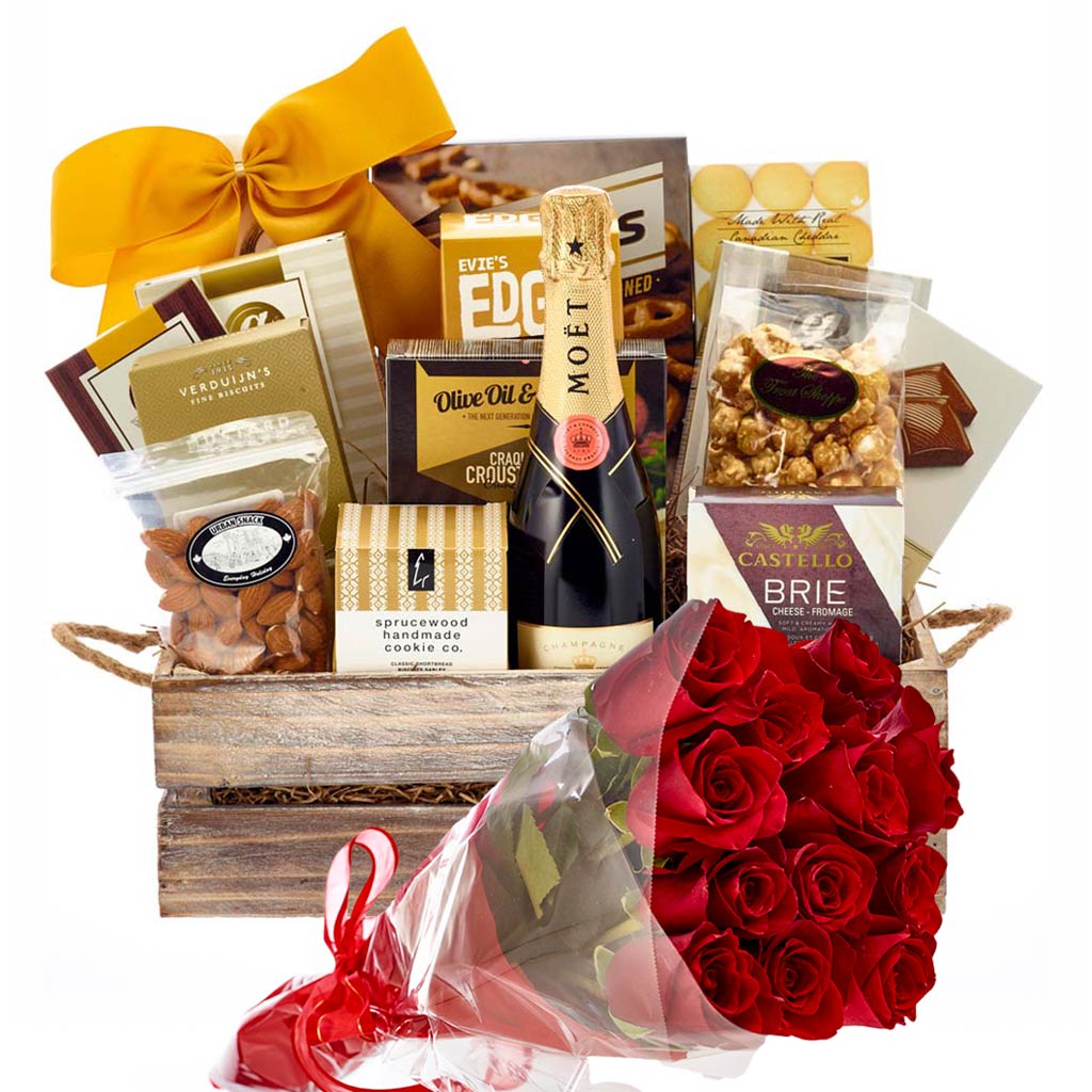 Roses and Small Moet Champagne Crate Gift